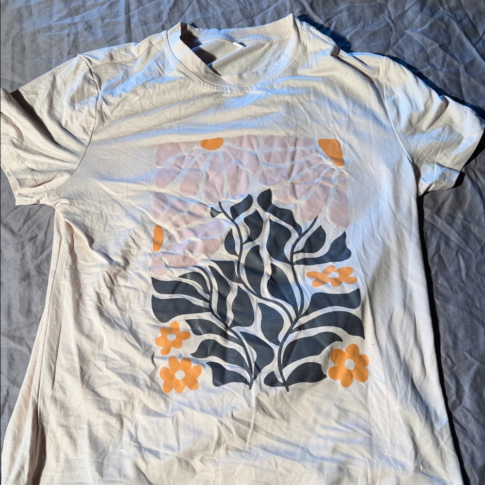 SHEIN White Short Sleeve Tee with Black Botanical & Orange Floral Print